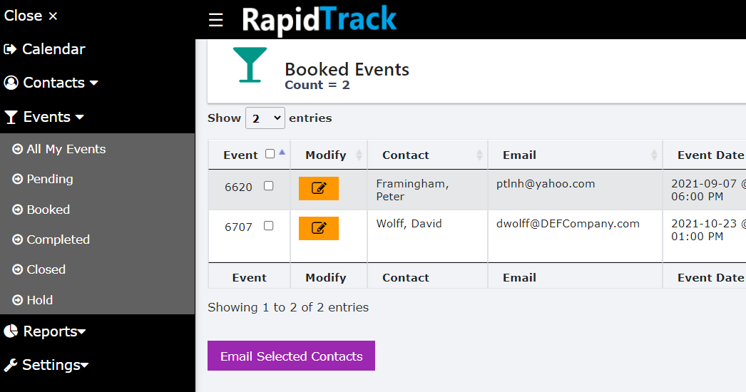 Rapidtrack Event List